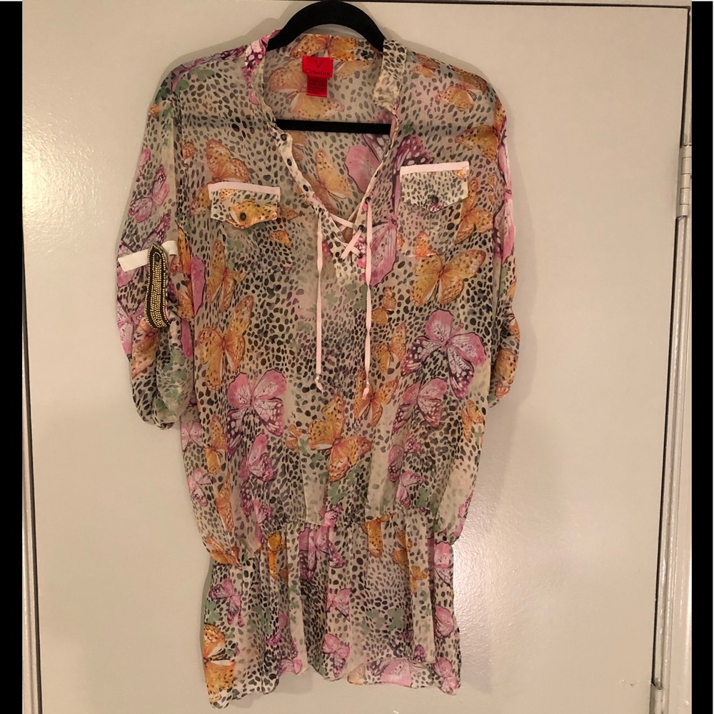 V Cristina blouse L butterfly print sheer